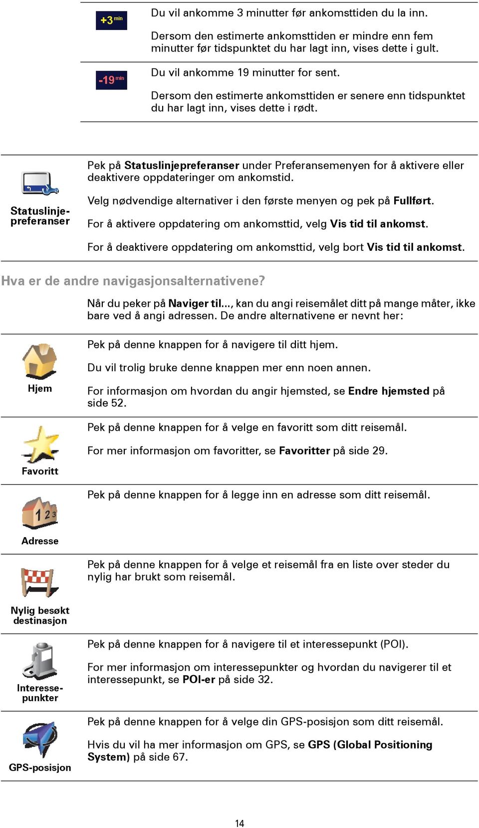 Pek på Statuslinjepreferanser under Preferansemenyen for å aktivere eller deaktivere oppdateringer om ankomstid. Velg nødvendige alternativer i den første menyen og pek på Fullført.