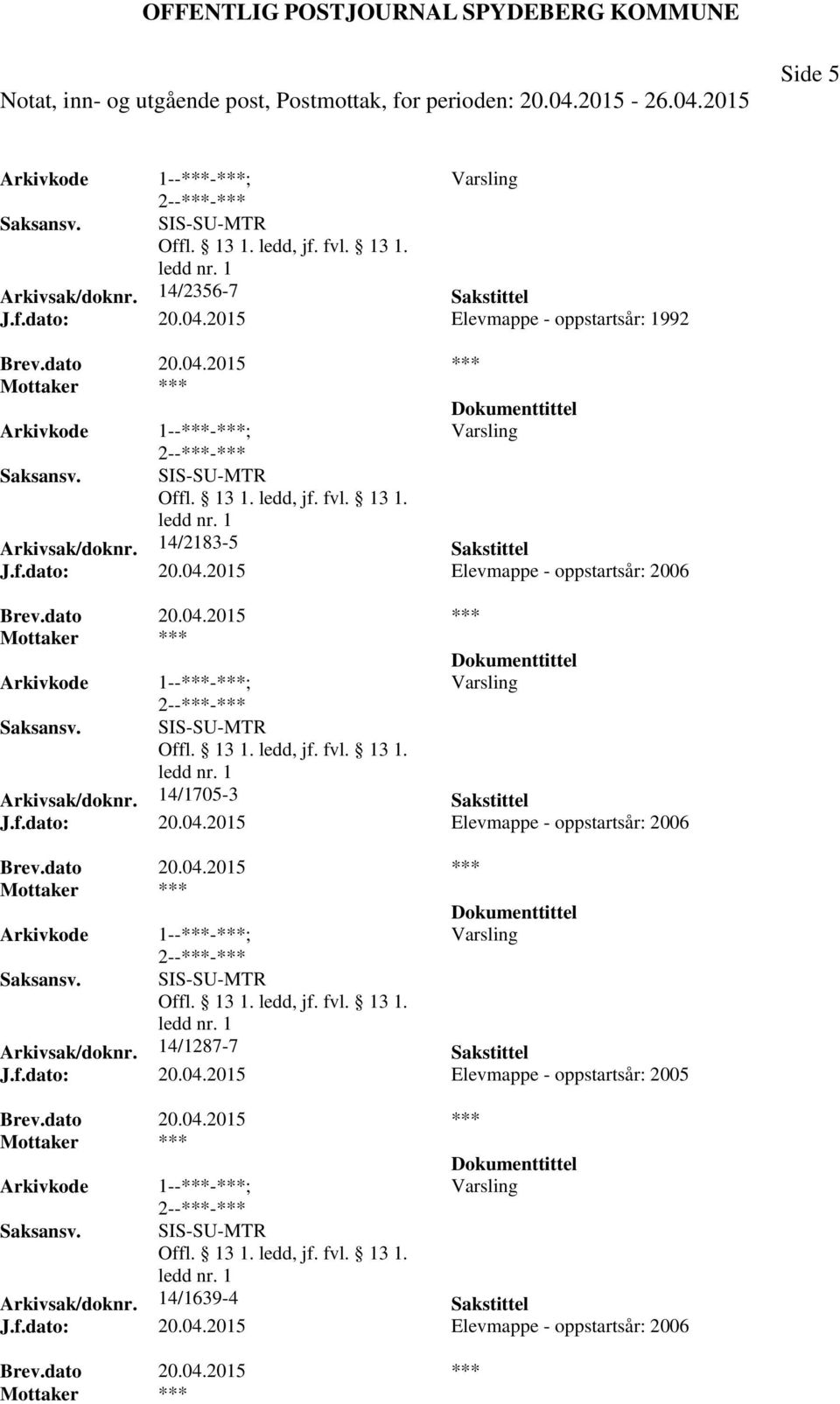 f.dato: 20.04.2015 Elevmappe - oppstartsår: 2005 Brev.dato 20.04.2015 *** Varsling SIS-SU-MTR Arkivsak/doknr. 14/1639-4 Sakstittel J.f.dato: 20.04.2015 Elevmappe - oppstartsår: 2006 Brev.