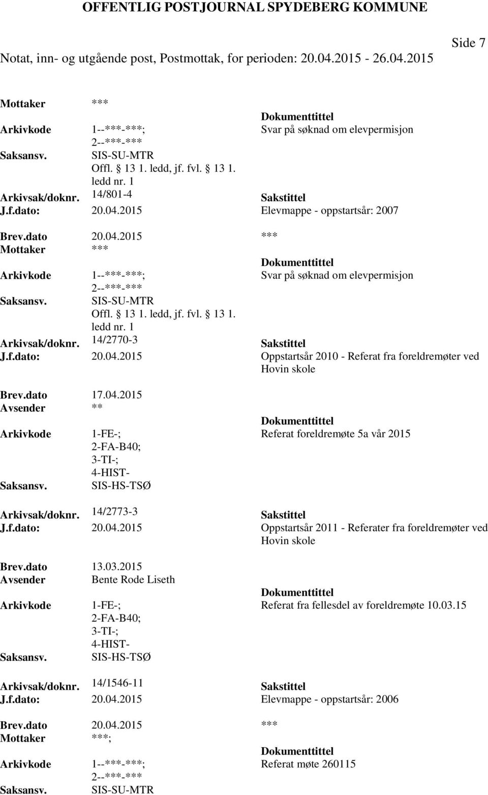 14/2773-3 Sakstittel J.f.dato: 20.04.2015 Oppstartsår 2011 - Referater fra foreldremøter ved Hovin skole Brev.dato 13.03.