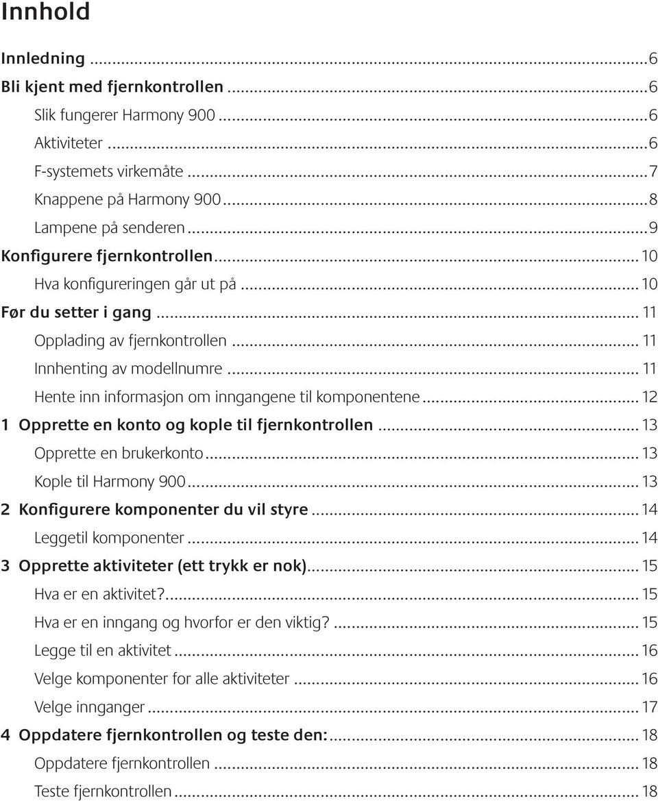 .. 11 Hente inn informasjon om inngangene til komponentene... 12 1 Opprette en konto og kople til fjernkontrollen... 13 Opprette en brukerkonto... 13 Kople til Harmony 900.