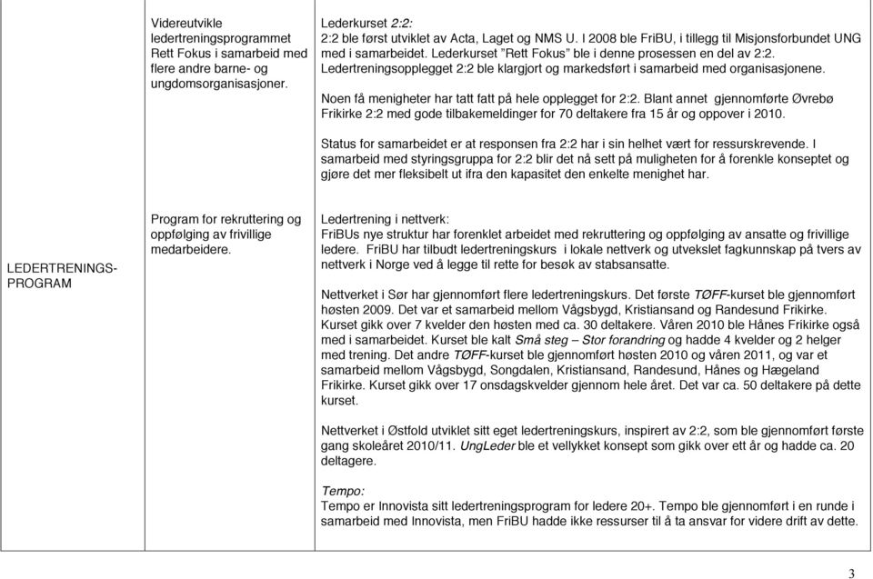 Ledertreningsopplegget 2:2 ble klargjort og markedsført i samarbeid med organisasjonene. Noen få menigheter har tatt fatt på hele opplegget for 2:2.