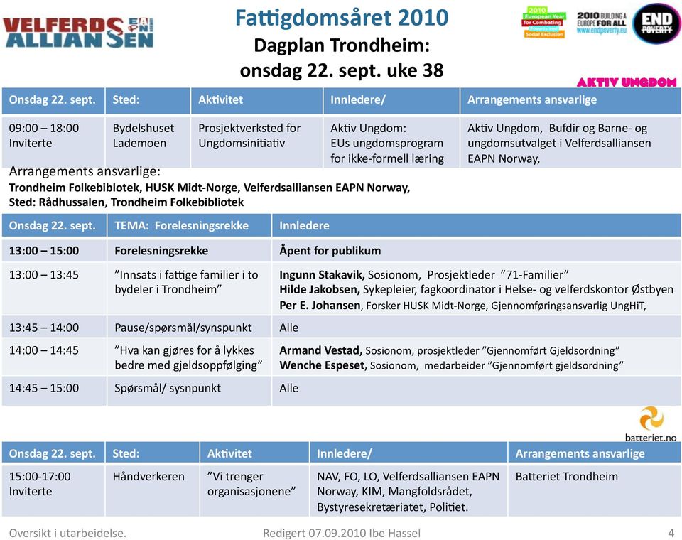 Sted: Ak#vitet Innledere/ Arrangements ansvarlige 09:00 18:00 Inviterte Bydelshuset Lademoen Prosjektverksted for UngdomsiniSaSv AkSv Ungdom: EUs ungdomsprogram for ikke- formell læring Arrangements