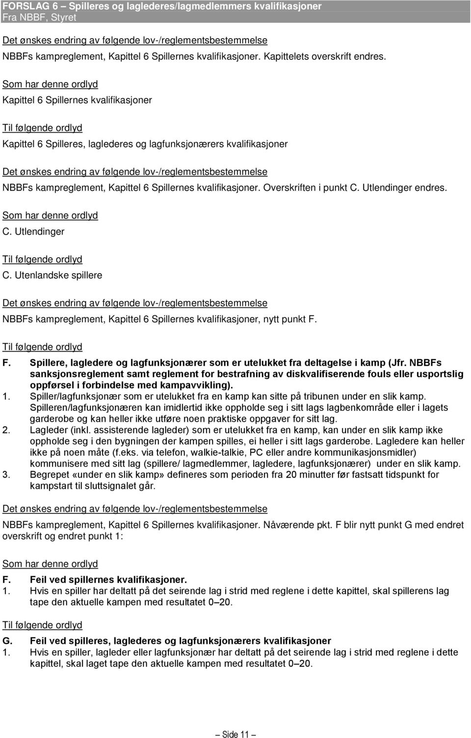 Overskriften i punkt C. Utlendinger endres. Som har denne ordlyd C. Utlendinger C. Utenlandske spillere NBBFs kampreglement, Kapittel 6 Spillernes kvalifikasjoner, nytt punkt F.