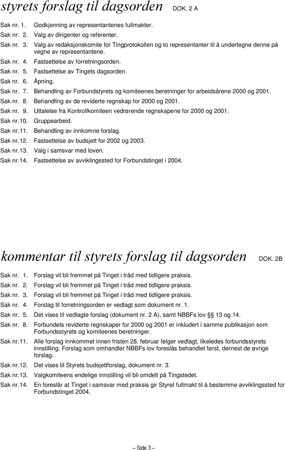 Fastsettelse av Tingets dagsorden. Sak nr. 6. Åpning. Sak nr. 7. Behandling av Forbundstyrets og komiteenes beretninger for arbeidsårene 2000 og 2001. Sak nr. 8.