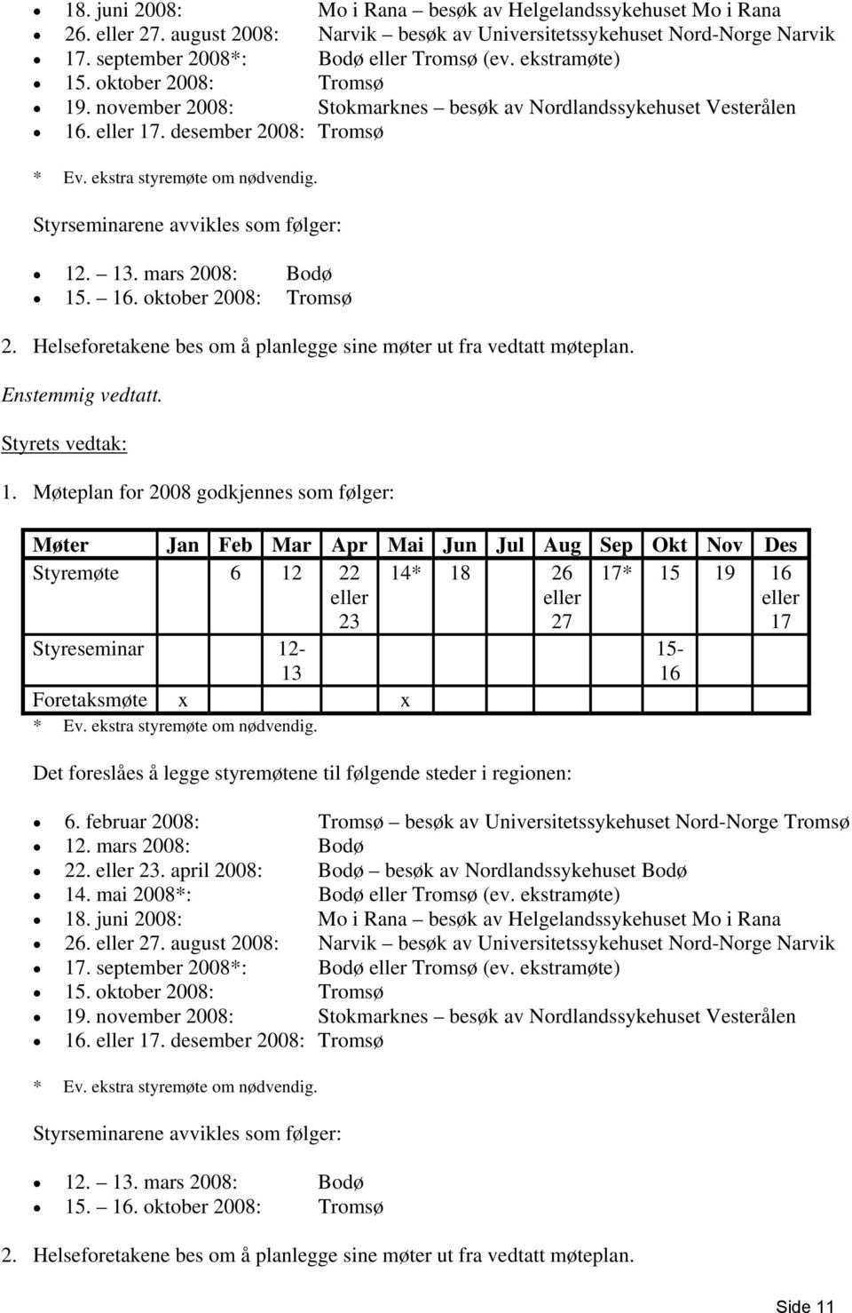 Styrseminarene avvikles som følger: 12. 13. mars 2008: Bodø 15. 16. oktober 2008: Tromsø 2. Helseforetakene bes om å planlegge sine møter ut fra vedtatt møteplan. Enstemmig vedtatt. Styrets vedtak: 1.