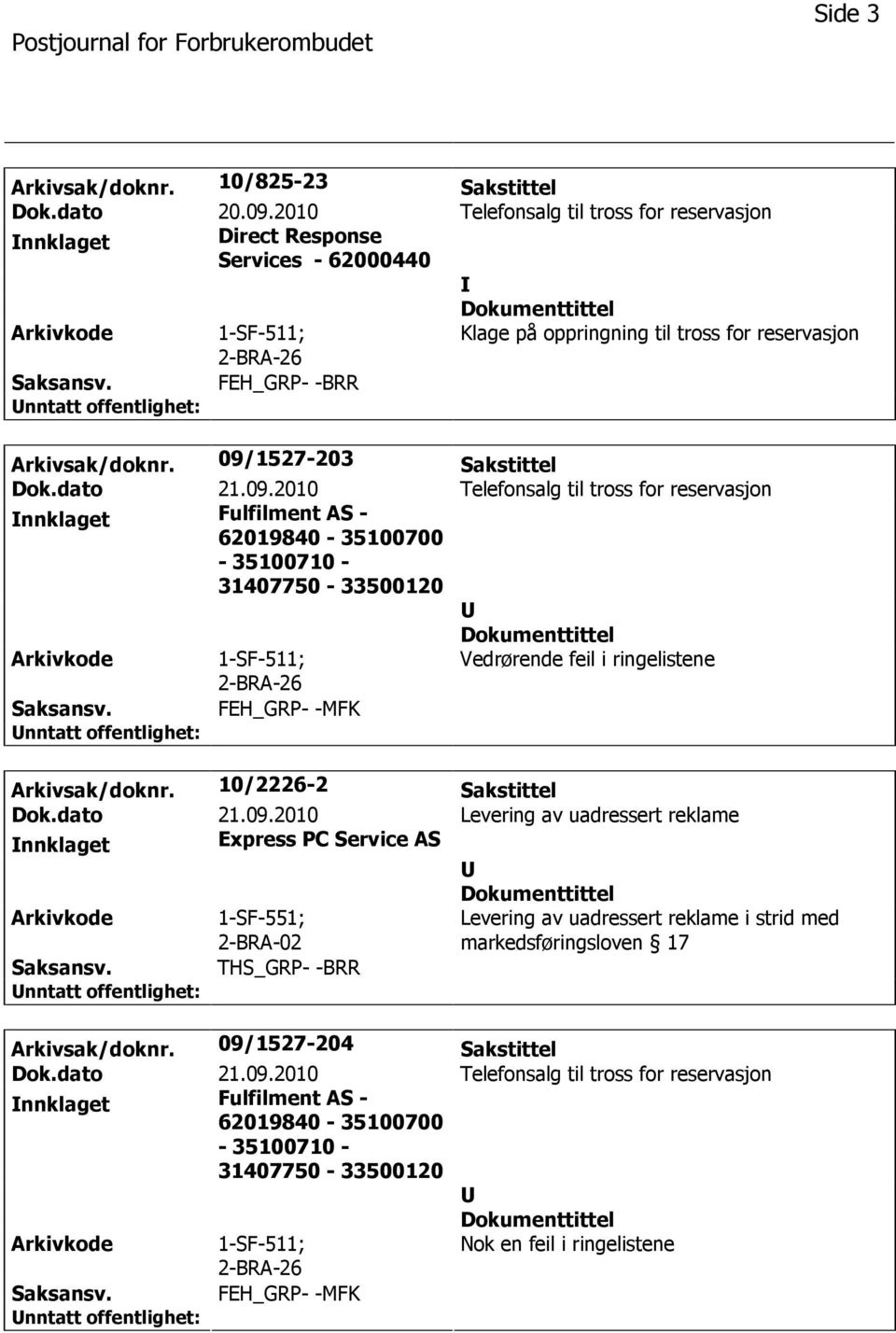 09/1527-203 Sakstittel nnklaget Fulfilment AS - 62019840-35100700 - 35100710-31407750 - 33500120 Vedrørende feil i ringelistene Arkivsak/doknr.