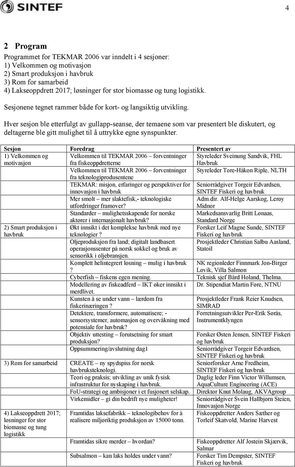 Hver sesjon ble etterfulgt av gullapp-seanse, der temaene som var presentert ble diskutert, og deltagerne ble gitt mulighet til å uttrykke egne synspunkter.