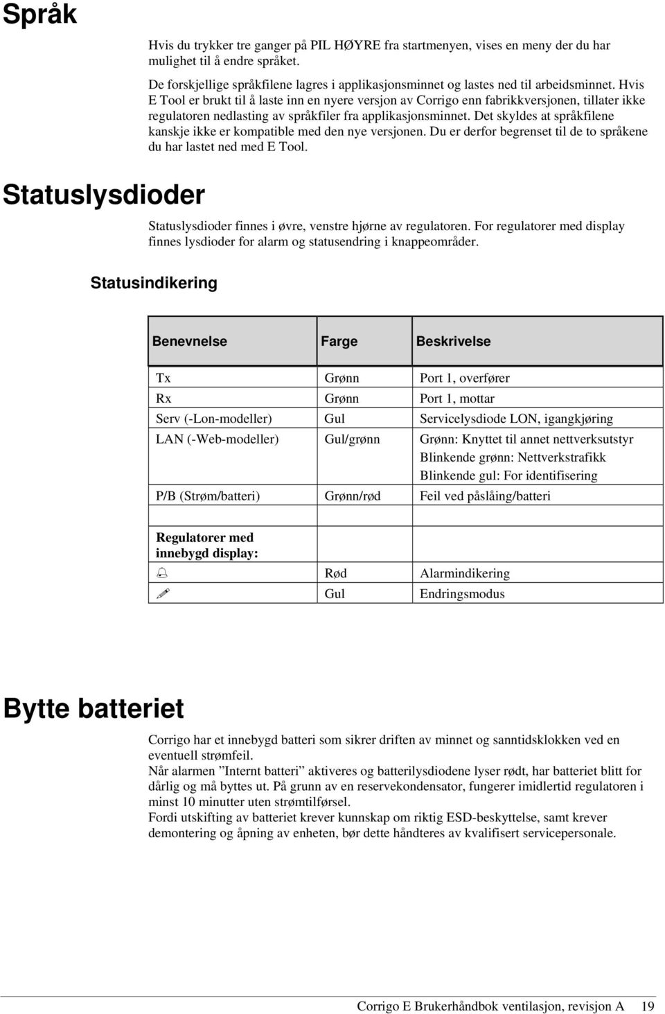 Hvis E Tool er brukt til å laste inn en nyere versjon av Corrigo enn fabrikkversjonen, tillater ikke regulatoren nedlasting av språkfiler fra applikasjonsminnet.