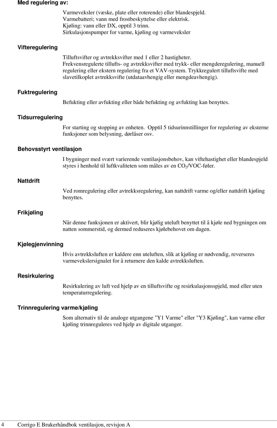 Frekvensregulerte tillufts- og avtrekksvifter med trykk- eller mengderegulering, manuell regulering eller ekstern regulering fra et VAV-system.