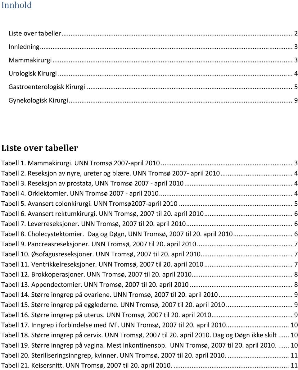 Avansert colonkirurgi. UNN Tromsø2007 april... 5 Tabell 6. Avansert rektumkirurgi. UNN Tromsø, 2007 til 20. april... 6 Tabell 7. Leverreseksjoner. UNN Tromsø, 2007 til 20. april... 6 Tabell 8.