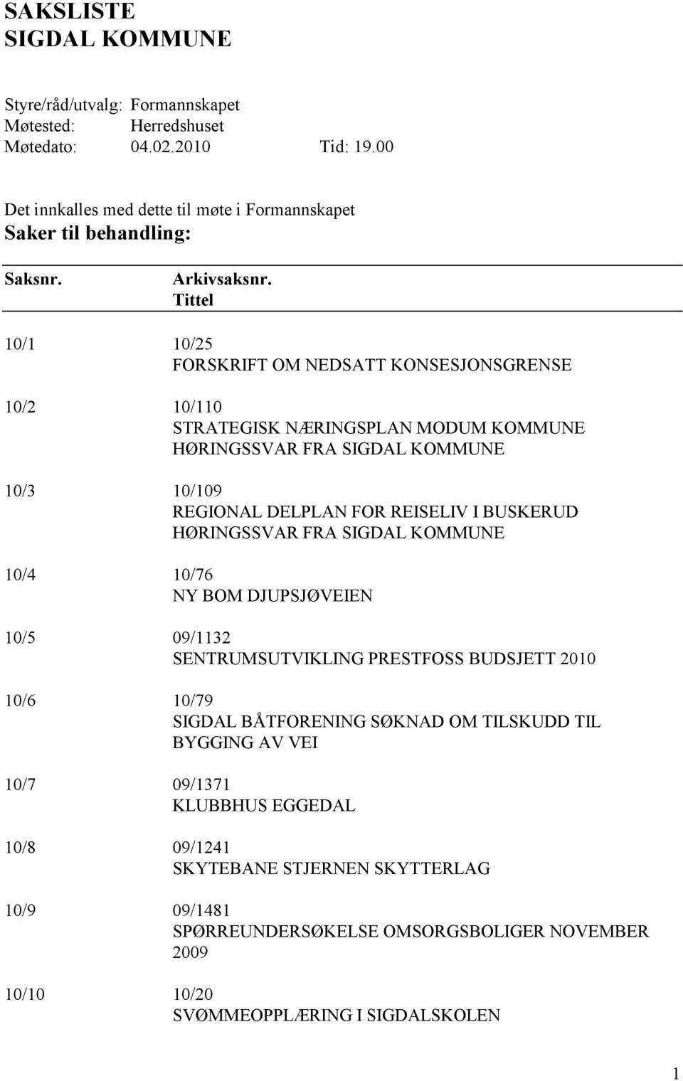 Tittel 10/1 10/25 FORSKRIFT OM NEDSATT KONSESJONSGRENSE 10/2 10/110 STRATEGISK NÆRINGSPLAN MODUM KOMMUNE HØRINGSSVAR FRA SIGDAL KOMMUNE 10/3 10/109 REGIONAL DELPLAN FOR REISELIV I BUSKERUD