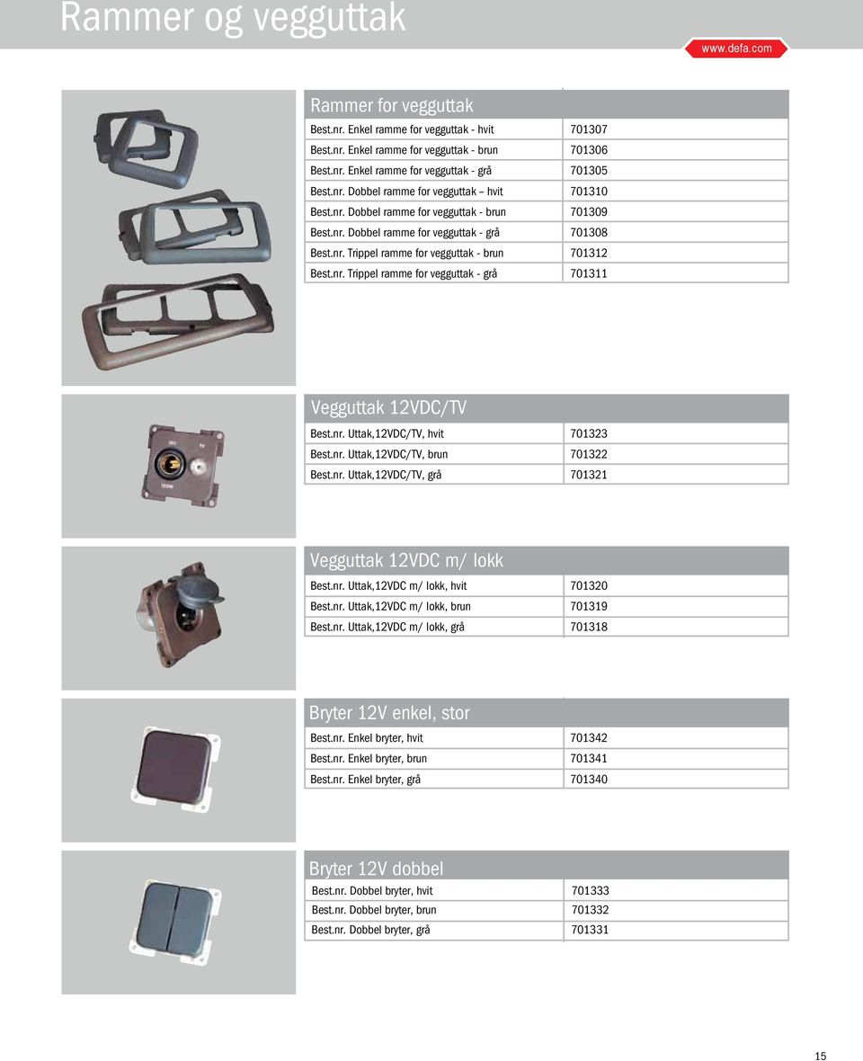 nr. Trippel ramme for vegguttak - grå 701311 Vegguttak 12VDC/TV Best.nr. Uttak,12VDC/TV, hvit 701323 Best.nr. Uttak,12VDC/TV, brun 701322 Best.nr. Uttak,12VDC/TV, grå 701321 Vegguttak 12VDC m/ lokk Best.