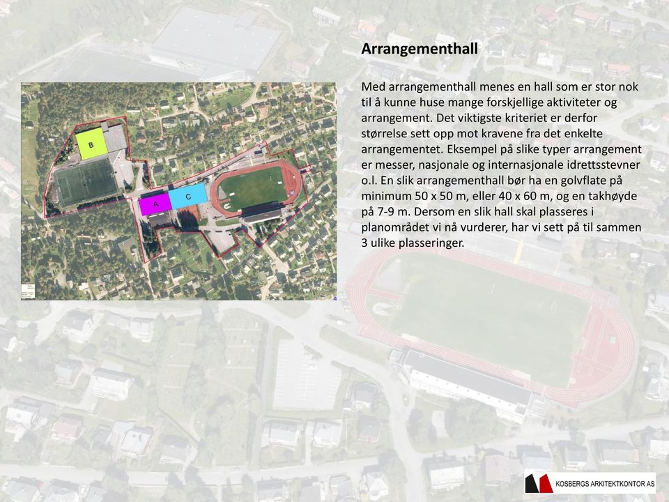 Eksempel på slike typer arrangement er messer, nasjonale og internasjonale idrettsstevner o.l. En slik arrangementhall bør ha en golvflate på minimum 50 x 50 m, eller 40 x 60 m, og en takhøyde på 7-9 m.