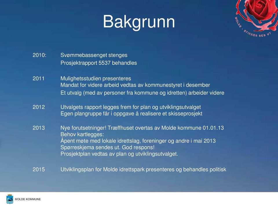 realisere et skisseprosjekt 2013 Nye forutsetninger! Træffhuset overtas av Molde kommune 01.01.13 Behov kartlegges: Åpent møte med lokale idrettslag, foreninger og andre i mai 2013 Spørreskjema sendes ut.