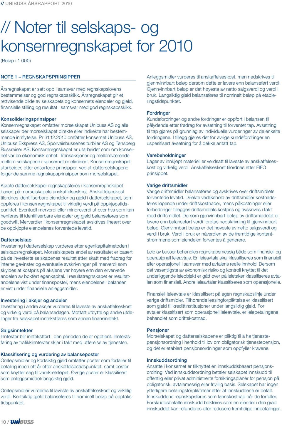 Konsolideringsprinsipper regnskapet omfatter morselskapet Unibuss AS og alle selskaper der morselskapet direkte eller indirekte har bestemmende innflytelse. Pr 31.12.