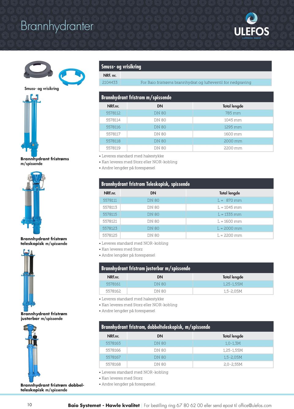 DN Total lengde 5578112 DN 80 785 mm 5578114 DN 80 1045 mm 5578116 DN 80 1295 mm 5578117 DN 80 1600 mm 5578118 DN 80 2000 mm 5578119 DN 80 2200 mm Brannhydrant fristrøms m/spissende Leveres standard