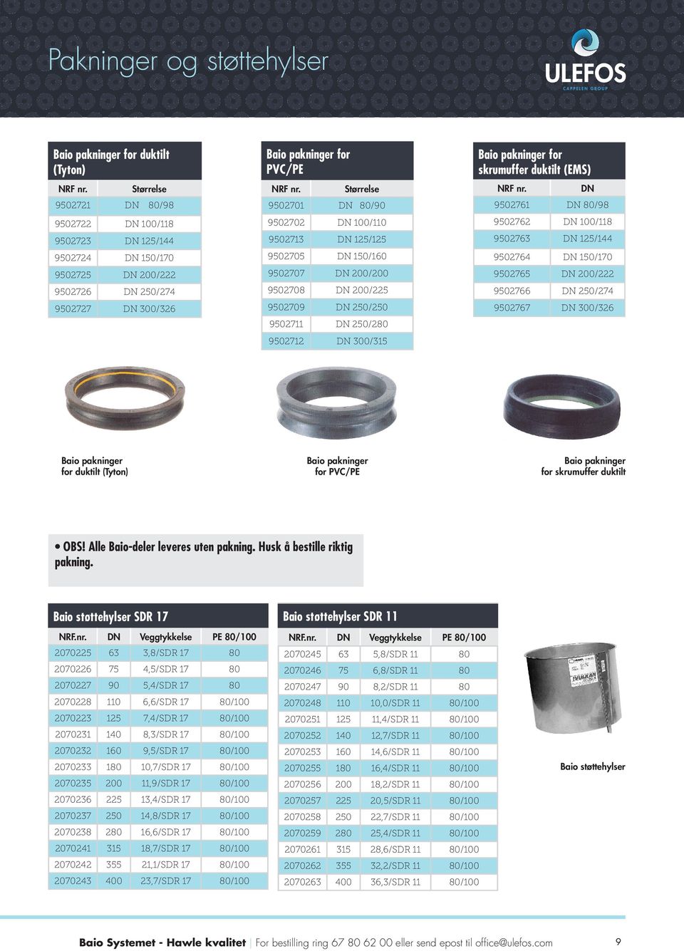 pakninger for skrumuffer duktilt (EMS) DN 9502761 DN 80/98 9502762 DN 100/118 9502763 DN 125/144 9502764 DN 150/170 9502765 DN 200/222 9502766 DN 250/274 9502767 DN 300/326 Baio pakninger for duktilt