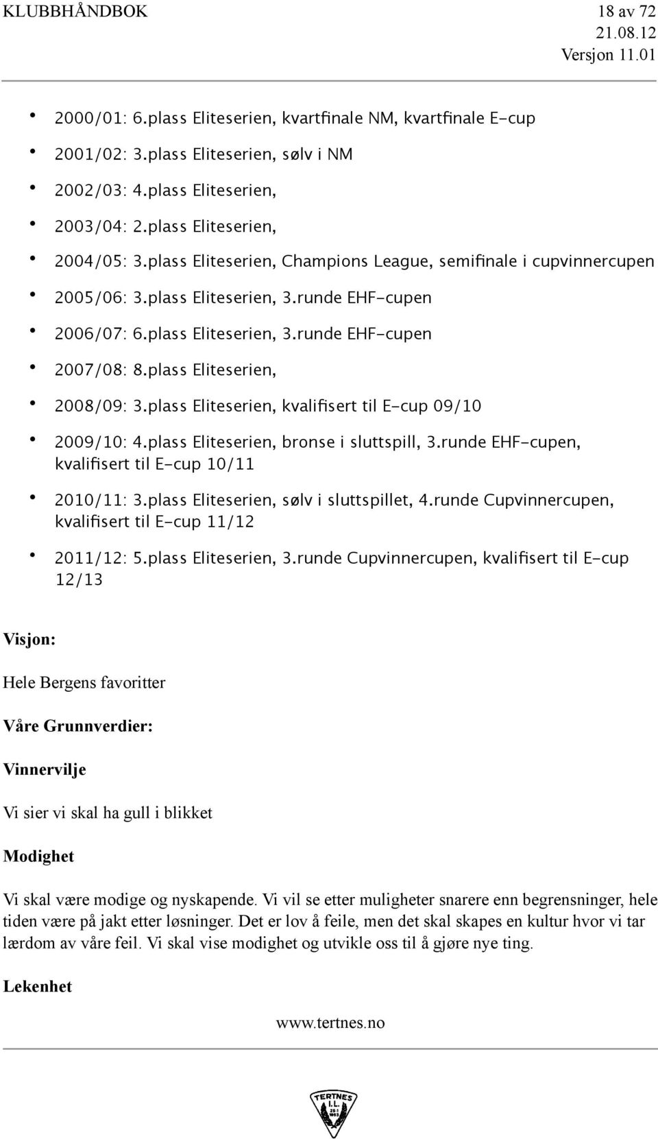 plass Eliteserien, 2008/09: 3.plass Eliteserien, kvalifisert til E-cup 09/10 2009/10: 4.plass Eliteserien, bronse i sluttspill, 3.runde EHF-cupen, kvalifisert til E-cup 10/11 2010/11: 3.