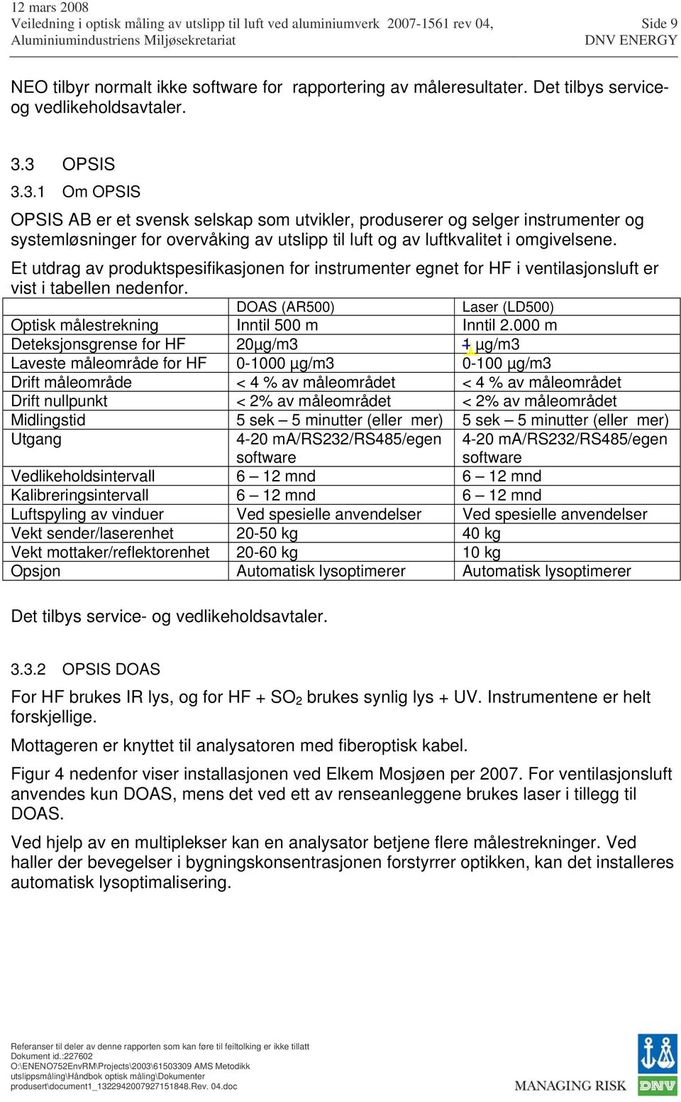 Et utdrag av produktspesifikasjonen for instrumenter egnet for HF i ventilasjonsluft er vist i tabellen nedenfor. DOAS (AR500) Laser (LD500) Optisk målestrekning Inntil 500 m Inntil 2.