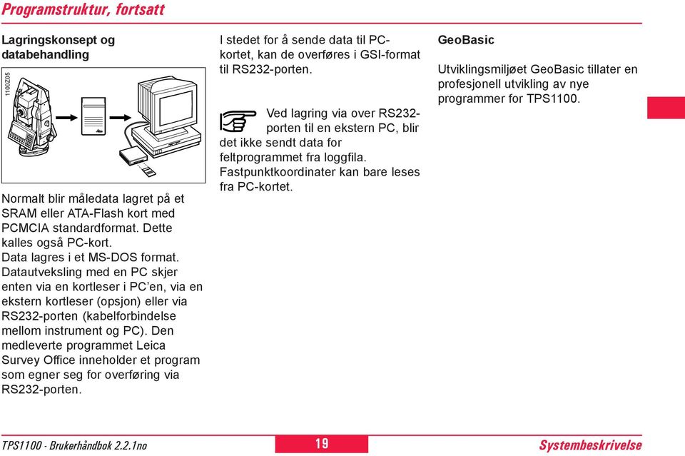 Den medleverte programmet Leica Survey Office inneholder et program som egner seg for overføring via RS232-porten.