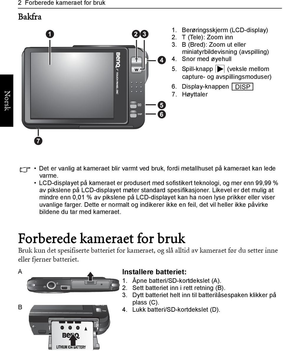 LCD-displayet på kameraet er produsert med sofistikert teknologi, og mer enn 99,99 % av pikslene på LCD-displayet møter standard spesifikasjoner.