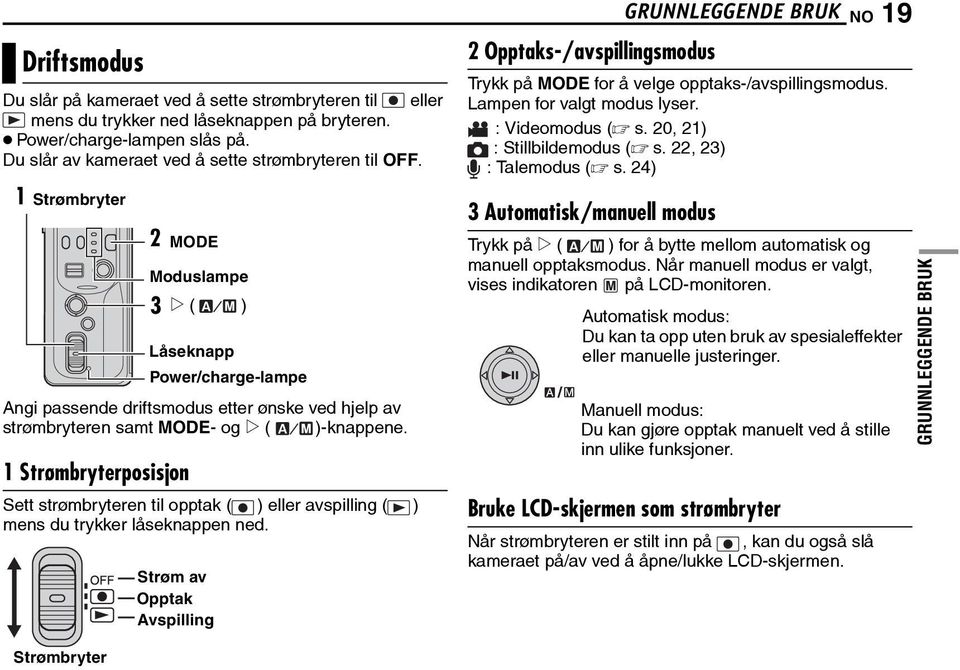 1 Strømbryterposisjon MODE Moduslampe 3 e ( ) Låseknapp Power/charge-lampe Sett strømbryteren til opptak ( ) eller avspilling ( ) mens du trykker låseknappen ned.