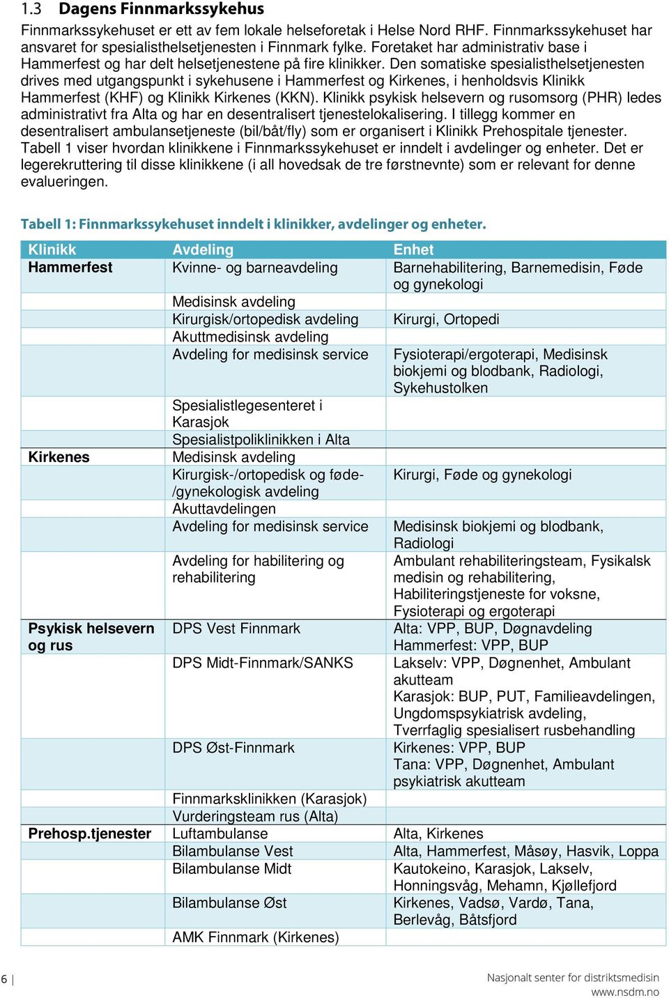 Den somatiske spesialisthelsetjenesten drives med utgangspunkt i sykehusene i Hammerfest og Kirkenes, i henholdsvis Klinikk Hammerfest (KHF) og Klinikk Kirkenes (KKN).