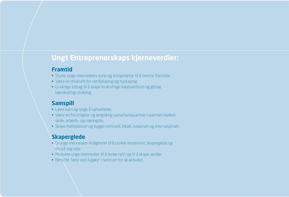 Være en forutsigbar og langsiktig samarbeidspartner i spennet mellom skole, arbeids- og næringsliv.