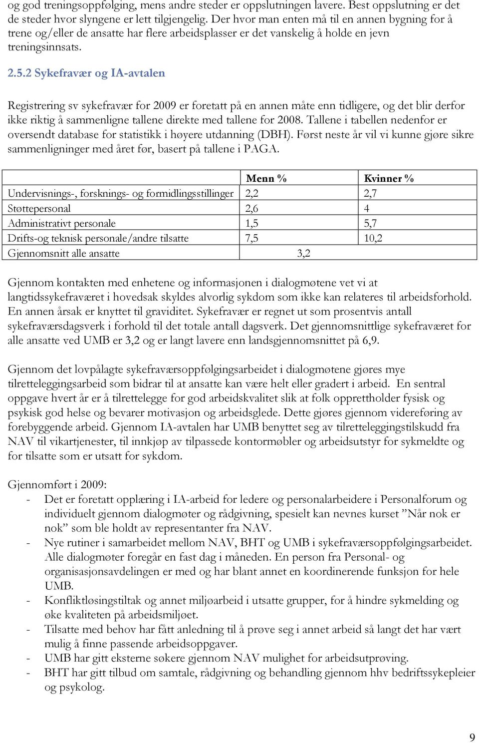 2 Sykefravær og IA-avtalen Registrering sv sykefravær for 2009 er foretatt på en annen måte enn tidligere, og det blir derfor ikke riktig å sammenligne tallene direkte med tallene for 2008.