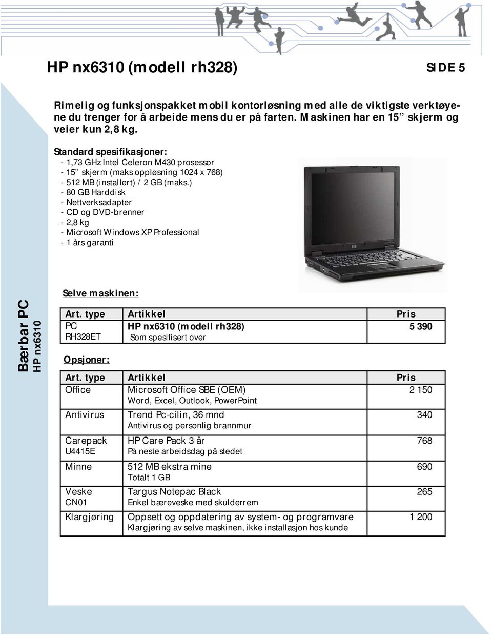 ) - 80 GB Harddisk - Nettverksadapter - CD og DVD-brenner - 2,8 kg - Microsoft Windows XP Professional - 1 års garanti Bærbar PC HP nx6310 Selve maskinen: Art.