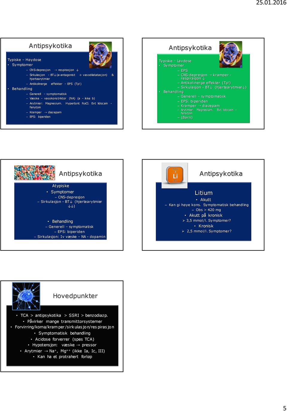 Evt lidocain - fenytoin Kramper diazepam Typiske Lavdose EPS CNS-depresjon kramper - respirasjon Antikolinerge effekter (Tp!) Sirkulasjon - BT (hjertearytmier ) Kramper diazepam Arytmier: Magnesium.