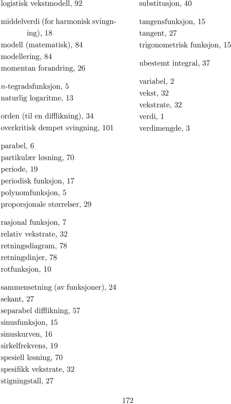 verdimengde, 3 parabel, 6 partikulær løsning, 70 periode, 19 periodisk funksjon, 17 polynomfunksjon, 5 proporsjonale størrelser, 29 rasjonal funksjon, 7 relativ vekstrate, 32 retningsdiagram, 78