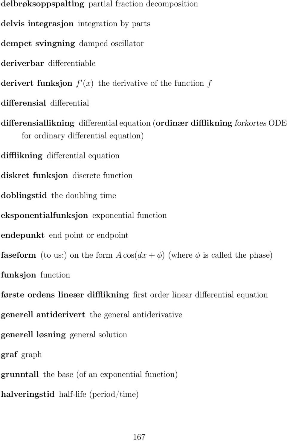 funksjon discrete function doblingstid the doubling time eksponentialfunksjon exponential function endepunkt end point or endpoint faseform (to us:) on the form A cos(dx + φ) (where φ is called the