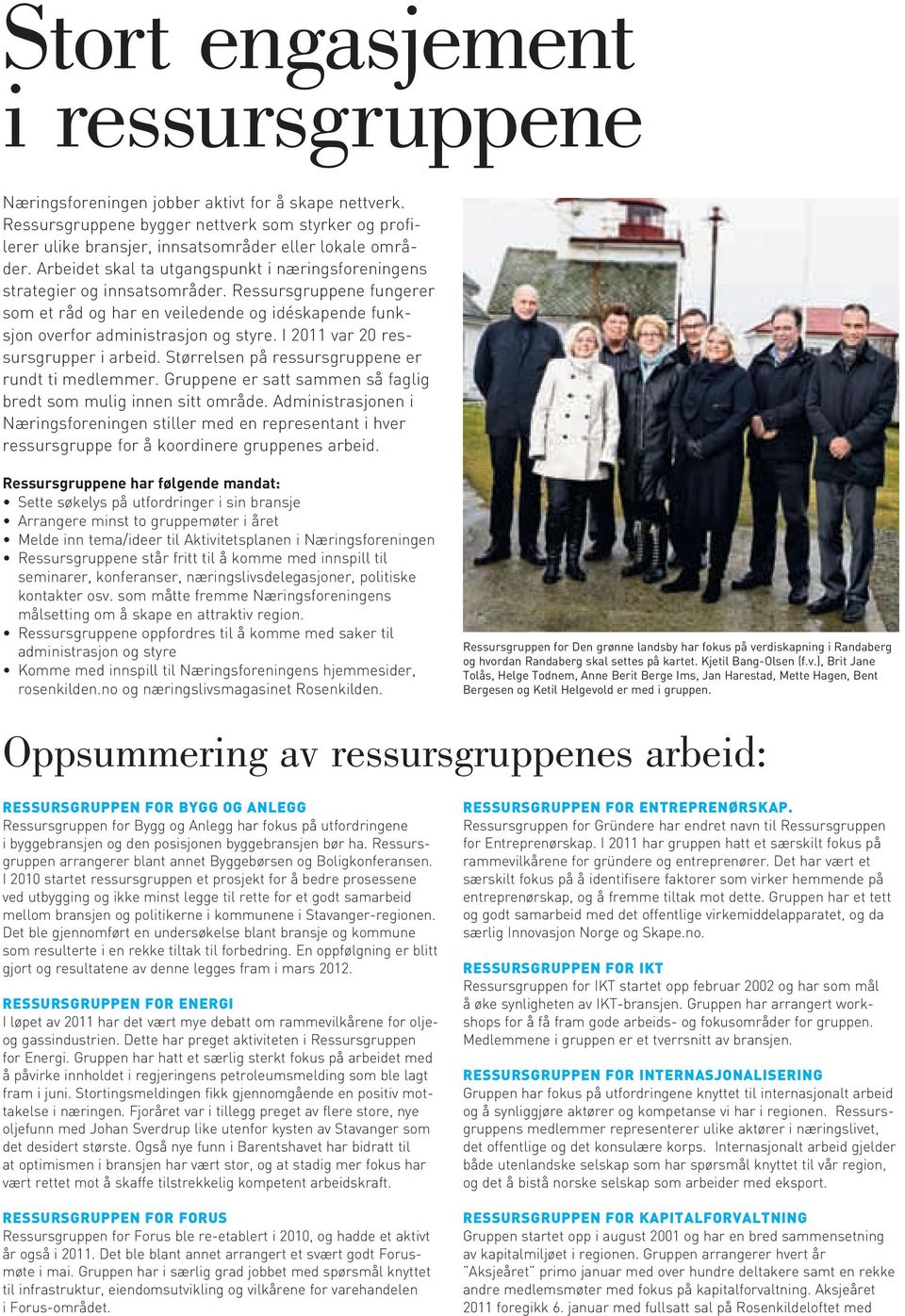 I 2011 var 20 ressursgrupper i arbeid. Størrelsen på ressursgruppene er rundt ti medlemmer. Gruppene er satt sammen så faglig bredt som mulig innen sitt område.