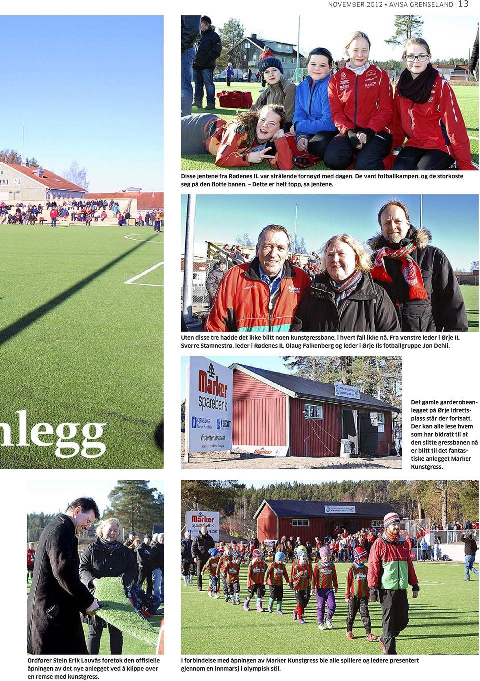 Fra venstre leder i Ørje IL Sverre Stamnestrø, leder i Rødenes IL Olaug Falkenberg og leder i Ørje Ils fotballgruppe Jon Dehli. legg Det gamle garderobeanlegget på Ørje Idrettsplass står der fortsatt.