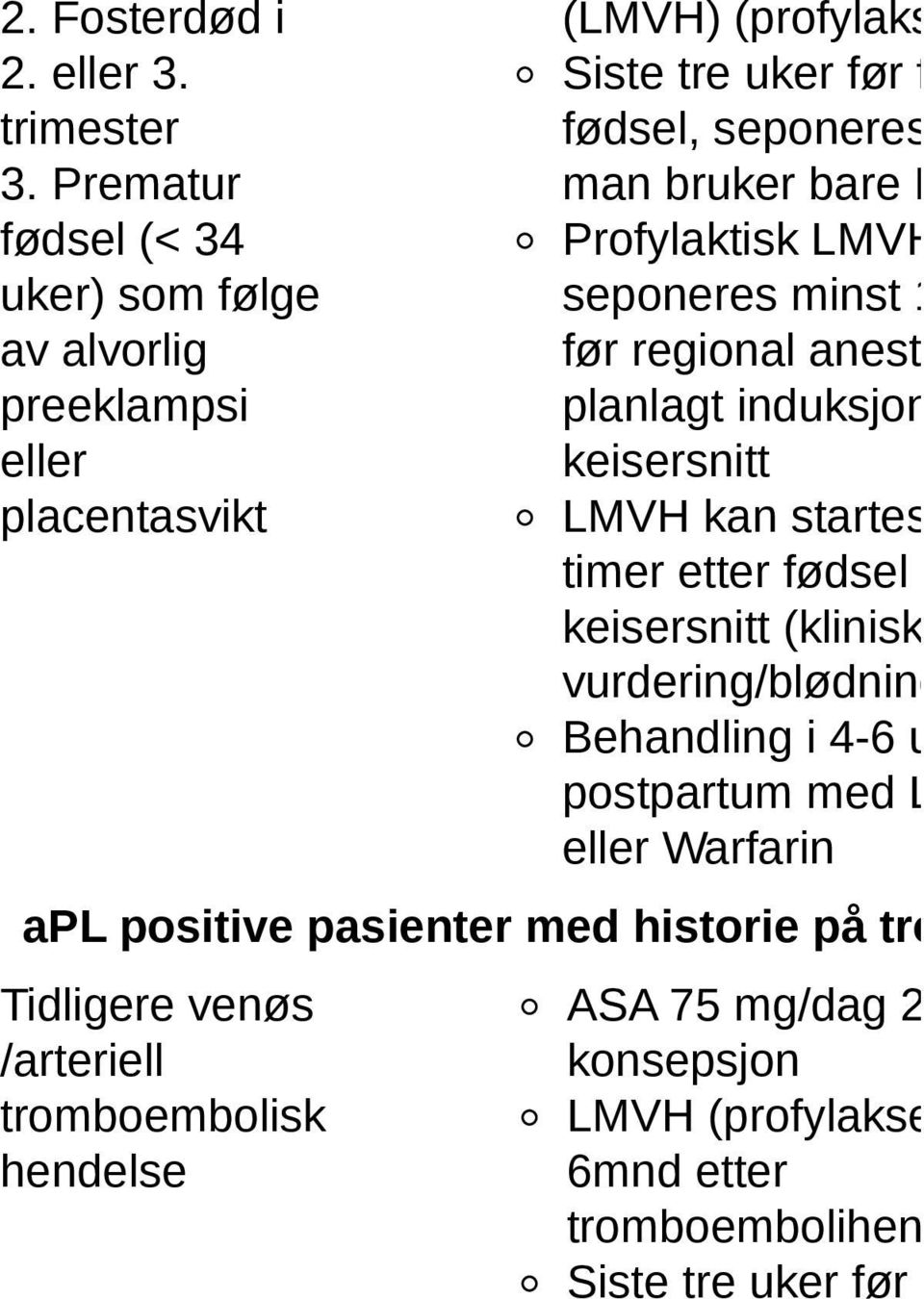 bare L Profylaktisk LMVH seponeres minst 1 før regional aneste planlagt induksjon keisersnitt LMVH kan startes timer etter fødsel e keisersnitt