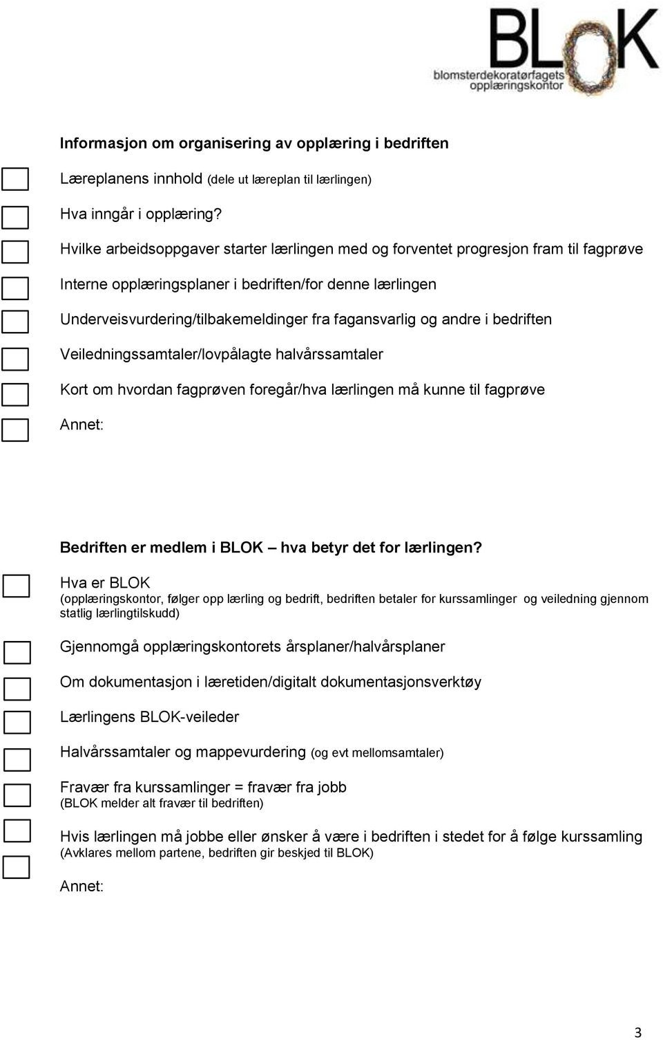 andre i bedriften Veiledningssamtaler/lovpålagte halvårssamtaler Kort om hvordan fagprøven foregår/hva lærlingen må kunne til fagprøve Bedriften er medlem i BLOK hva betyr det for lærlingen?