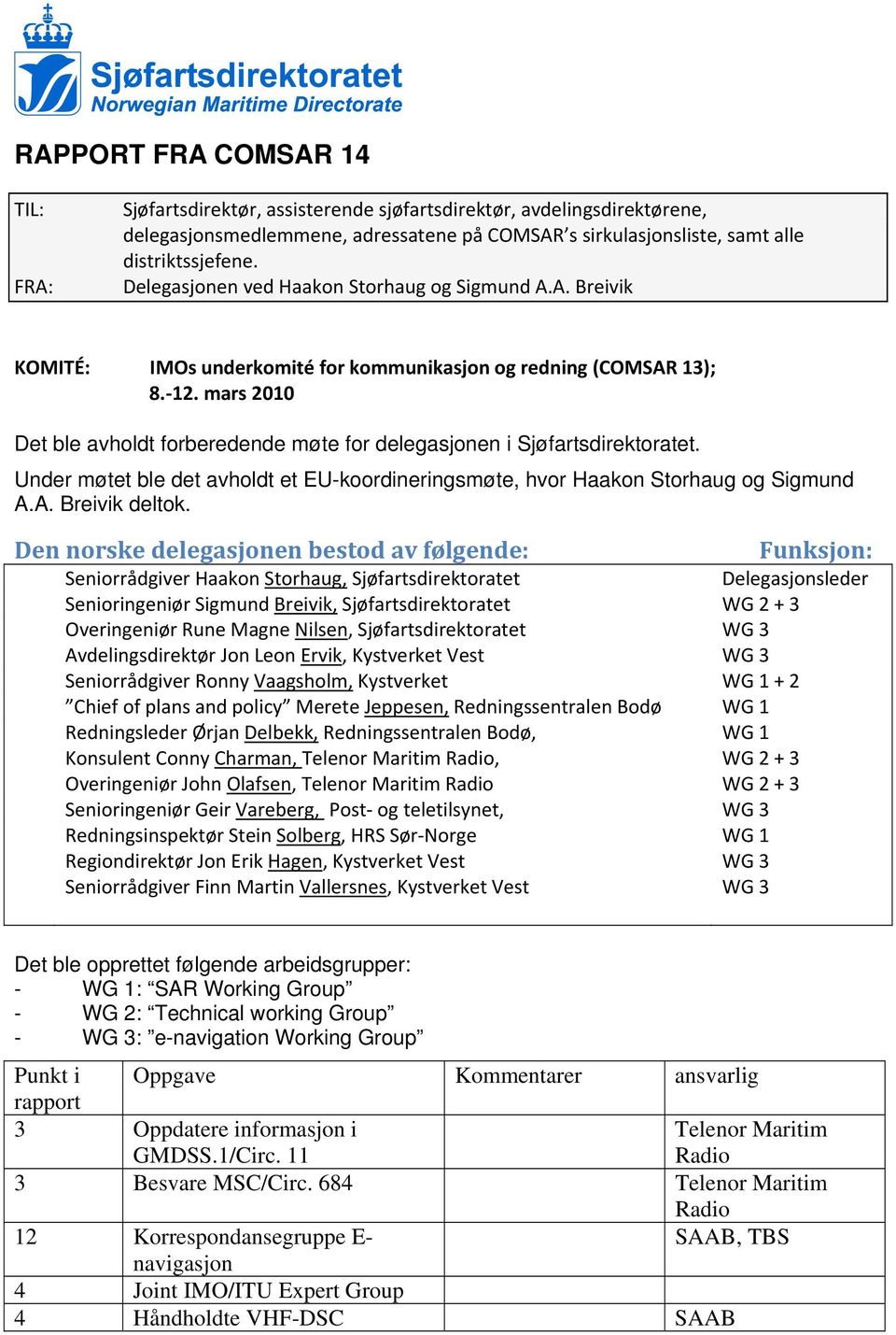 mars 2010 Det ble avholdt forberedende møte for delegasjonen i Sjøfartsdirektoratet. Under møtet ble det avholdt et EU-koordineringsmøte, hvor Haakon Storhaug og Sigmund A.A. Breivik deltok.