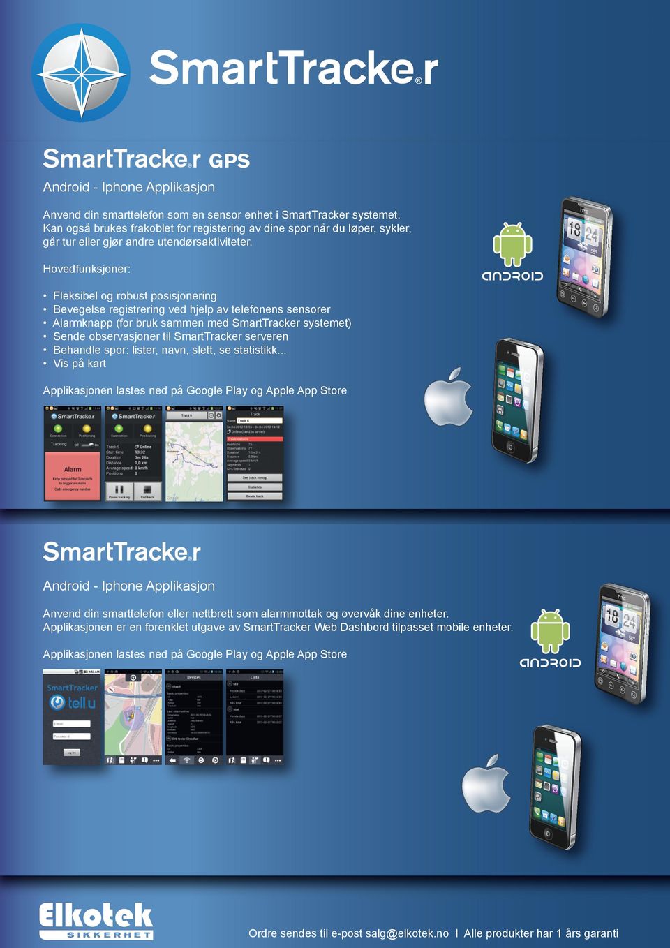 Hovedfunksjoner: Fleksibel og robust posisjonering Bevegelse registrering ved hjelp av telefonens sensorer Alarmknapp (for bruk sammen med SmartTracker systemet) Sende observasjoner til SmartTracker