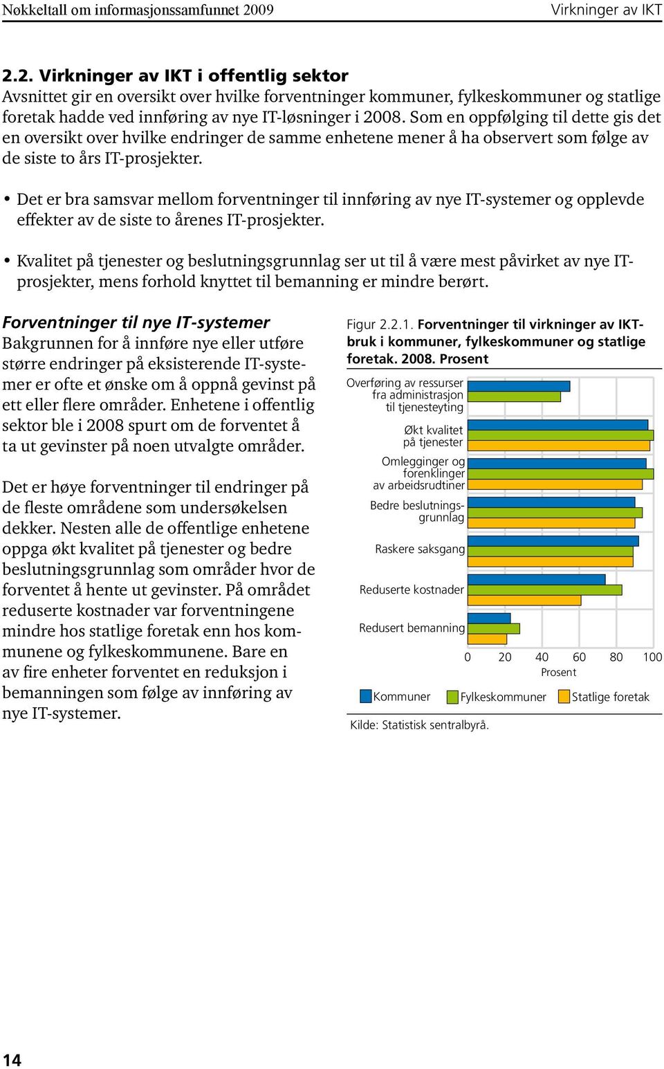 2. Virkninger av IKT i offentlig sektor Avsnittet gir en oversikt over hvilke forventninger kommuner, fylkeskommuner og statlige foretak hadde ved innføring av nye IT-løsninger i 2008.