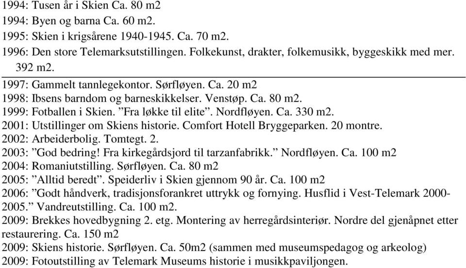 Fra løkke til elite. Nordfløyen. Ca. 330 m2. 2001: Utstillinger om Skiens historie. Comfort Hotell Bryggeparken. 20 montre. 2002: Arbeiderbolig. Tomtegt. 2. 2003: God bedring!