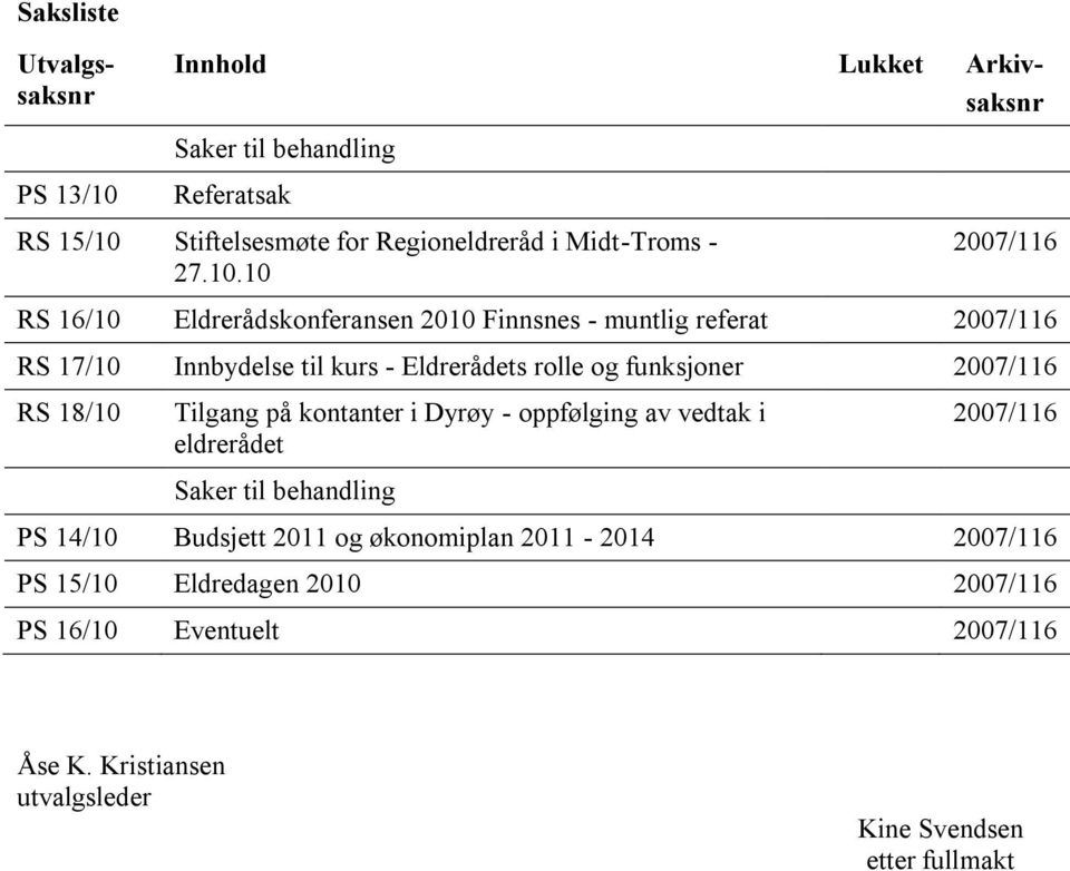 10 2007/116 RS 16/10 Eldrerådskonferansen 2010 Finnsnes - muntlig referat 2007/116 RS 17/10 Innbydelse til kurs - Eldrerådets rolle og funksjoner