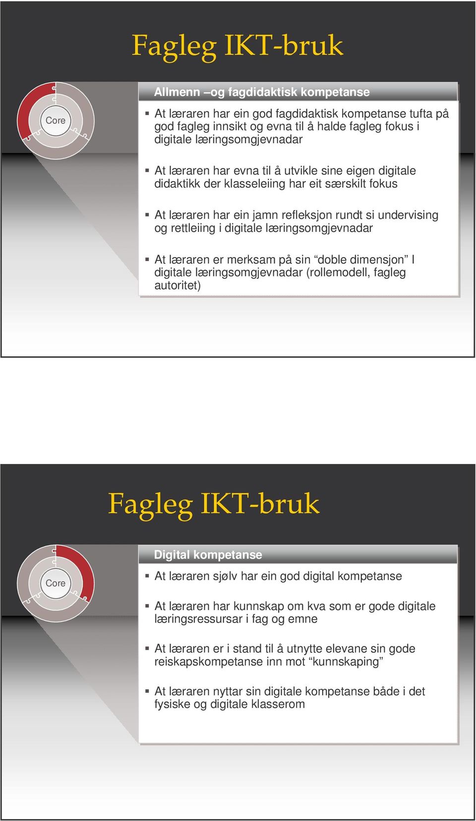 læringsomgjevnadar At læraren er merksam på sin doble dimensjon I digitale læringsomgjevnadar (rollemodell, fagleg autoritet) Fagleg IKT-bruk Core Digital kompetanse At læraren sjølv har ein god