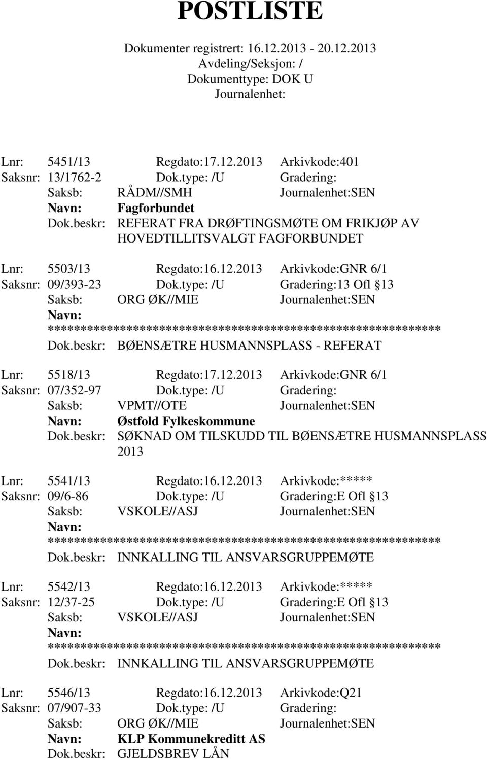 type: /U Gradering:13 Ofl 13 Saksb: ORG ØK//MIE SEN Dok.beskr: BØENSÆTRE HUSMANNSPLASS - REFERAT Lnr: 5518/13 Regdato:17.12.2013 Arkivkode:GNR 6/1 Saksnr: 07/352-97 Dok.