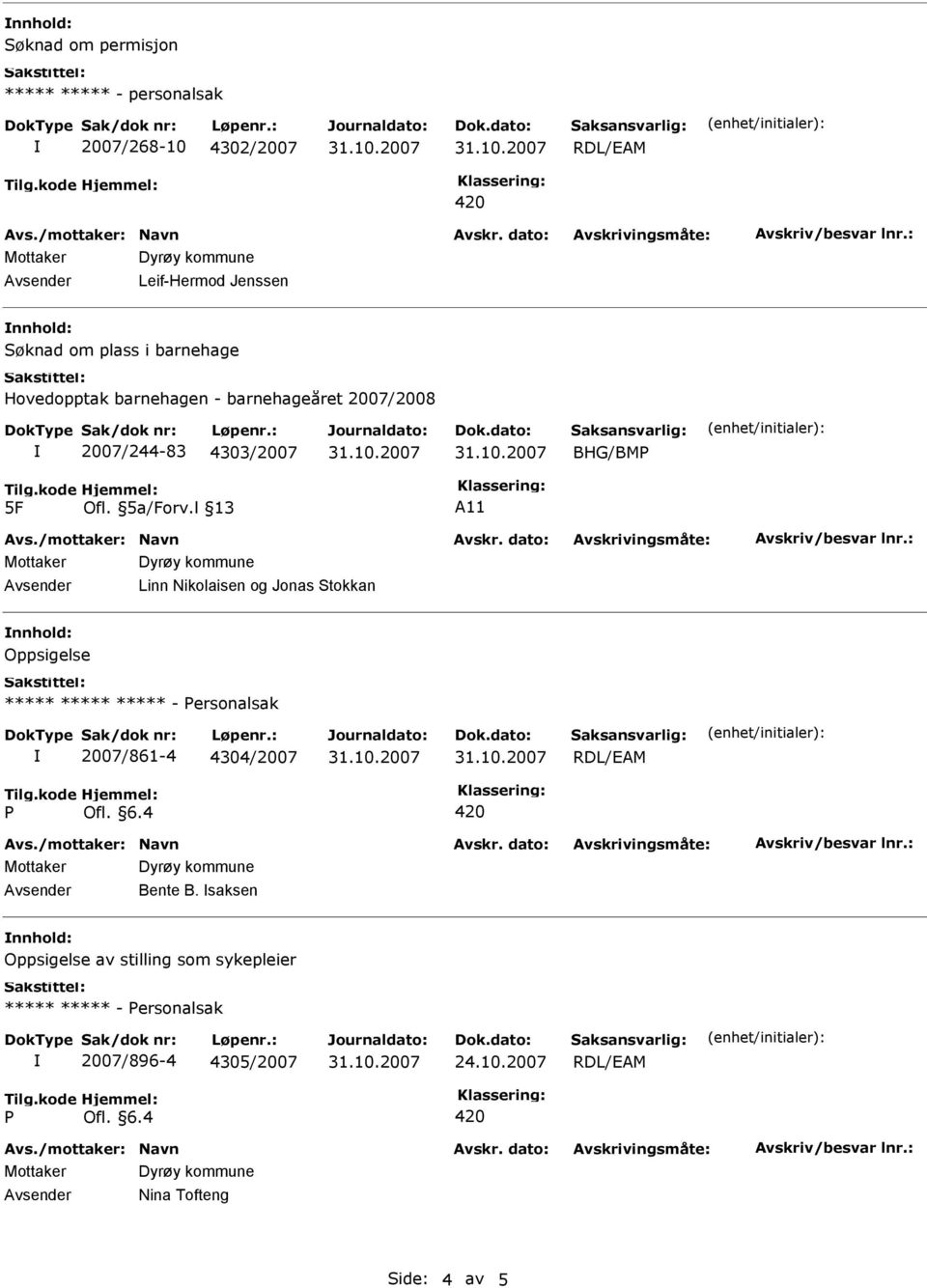 l 13 A11 Avsender Linn Nikolaisen og Jonas Stokkan Oppsigelse ***** ***** ***** - ersonalsak 2007/861-4 4304/2007 Ofl. 6.