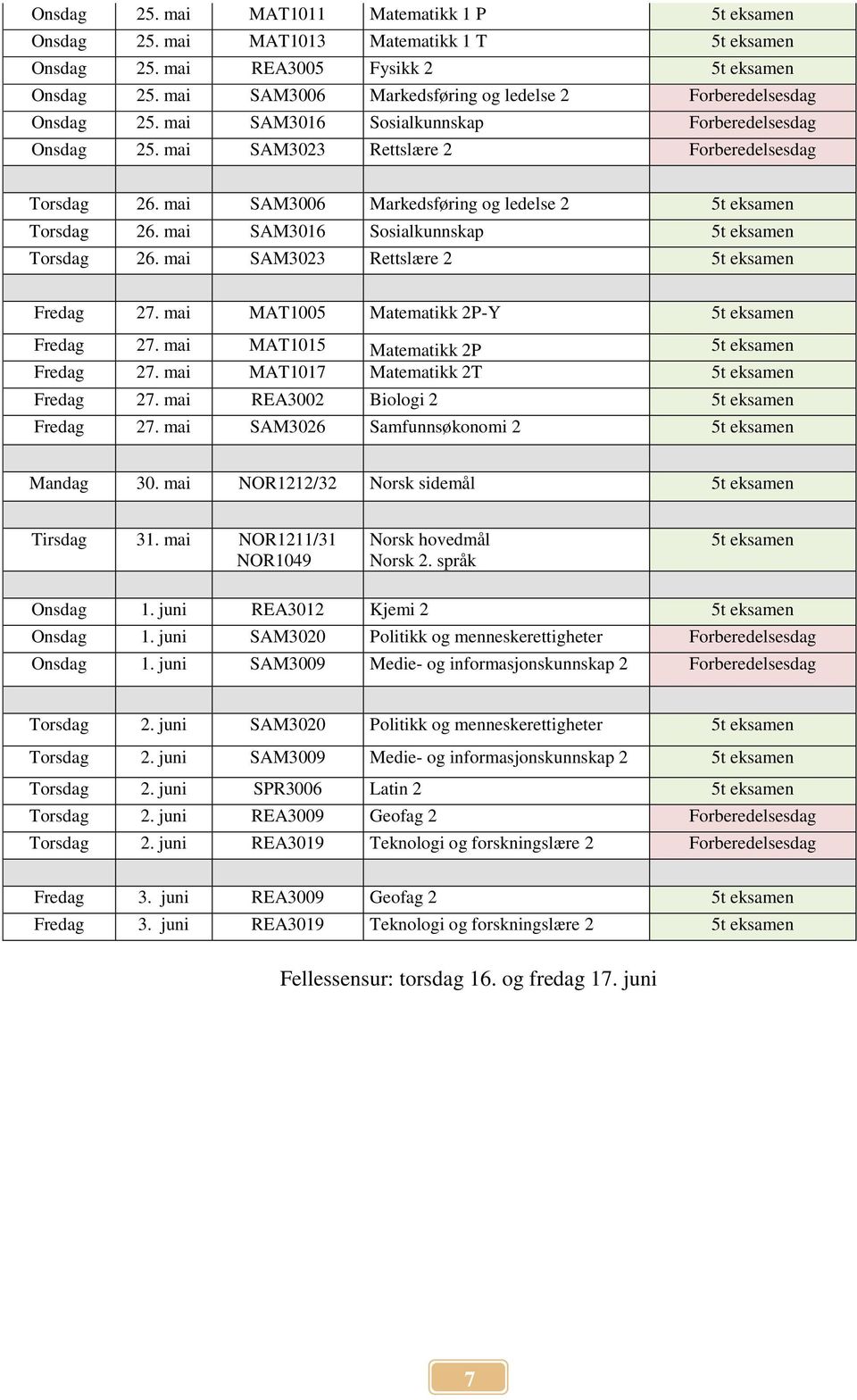 mai SAM3006 Markedsføring og ledelse 2 5t eksamen Torsdag 26. mai SAM3016 Sosialkunnskap 5t eksamen Torsdag 26. mai SAM3023 Rettslære 2 5t eksamen Fredag 27.