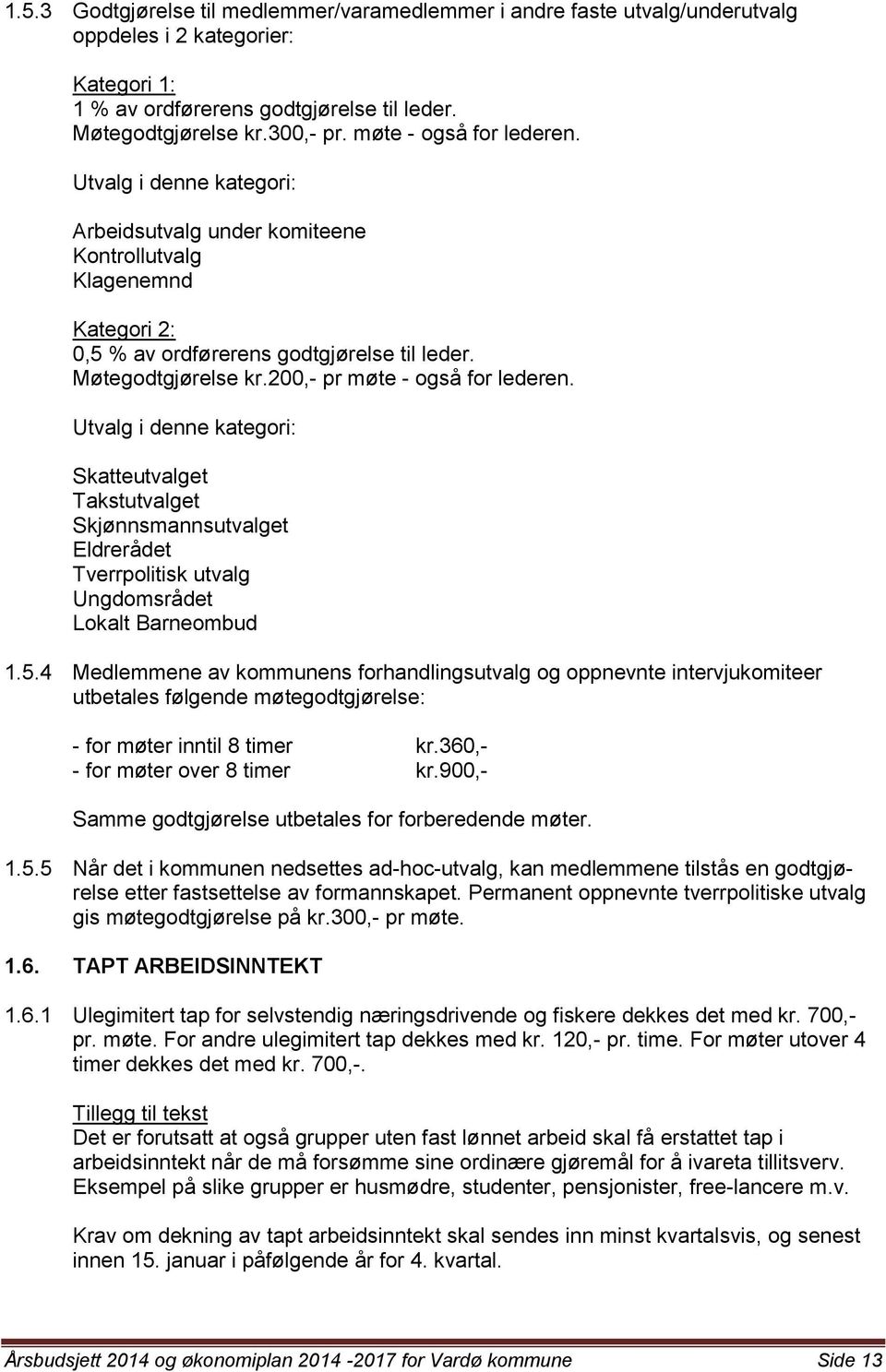 200,- pr møte - også for lederen. Utvalg i denne kategori: Skatteutvalget Takstutvalget Skjønnsmannsutvalget Eldrerådet Tverrpolitisk utvalg Ungdomsrådet Lokalt Barneombud 1.5.