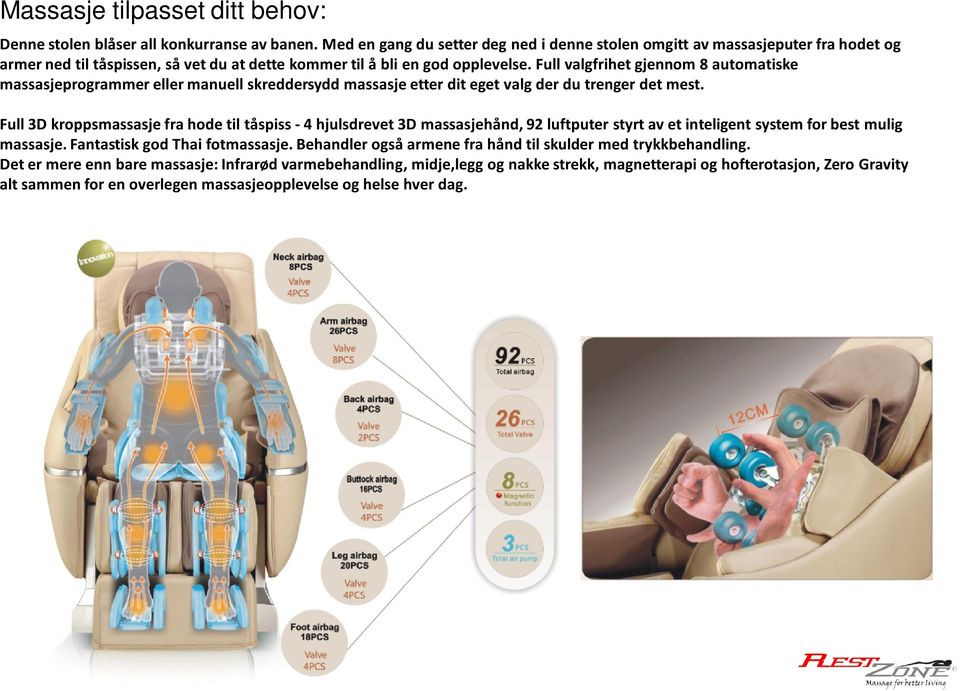 Full valgfrihet gjennom 8 automatiske massasjeprogrammer eller manuell skreddersydd massasje etter dit eget valg der du trenger det mest.