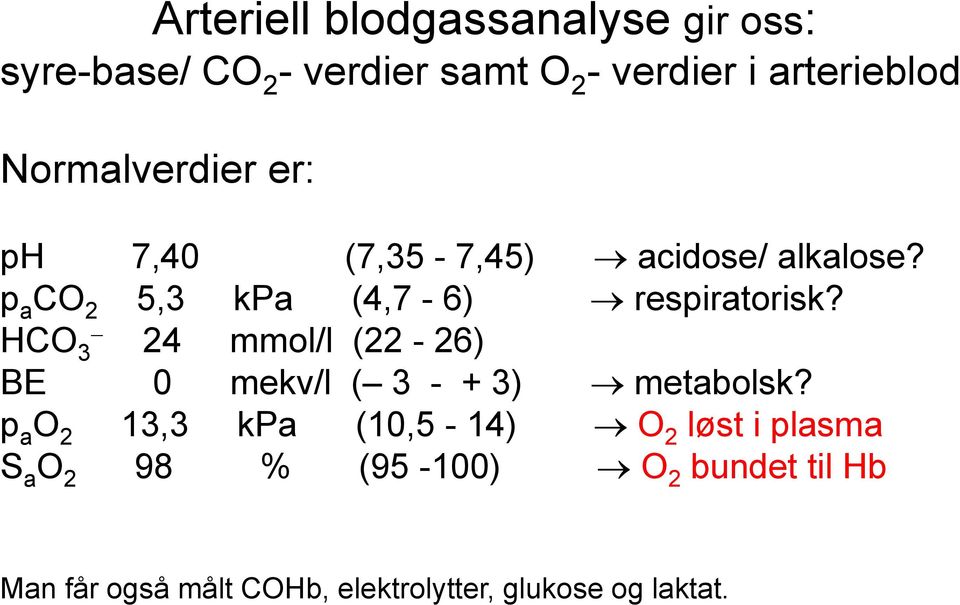HCO 3 24 mmol/l (22-26) BE 0 mekv/l ( 3 - + 3) metabolsk?