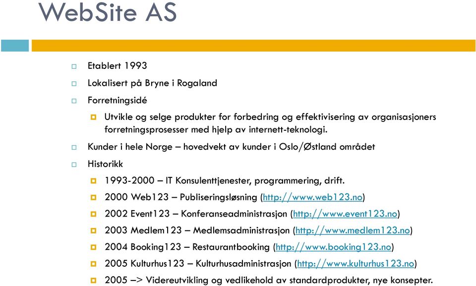 2000 Web123 Publiseringsløsning (http://www.web123.no) 2002 Event123 Konferanseadministrasjon (http://www.event123.no) 2003 Medlem123 Medlemsadministrasjon d i (http://www.medlem123.